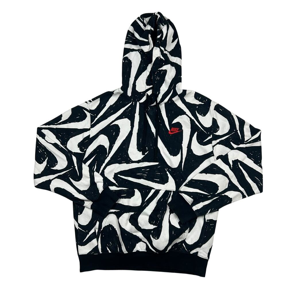 Nike Hoodie Sweatshirt All Over Print Swoosh Logo Black White CK2230-010 Medium